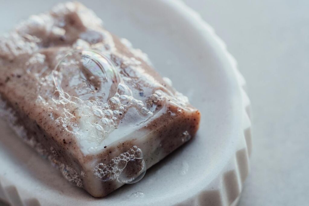 Soap with lather on a soap dish