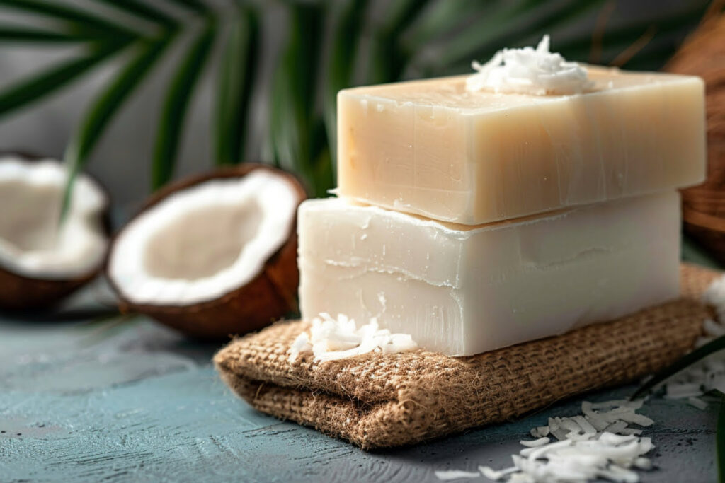 A stack of organic soaps with coconut in the background